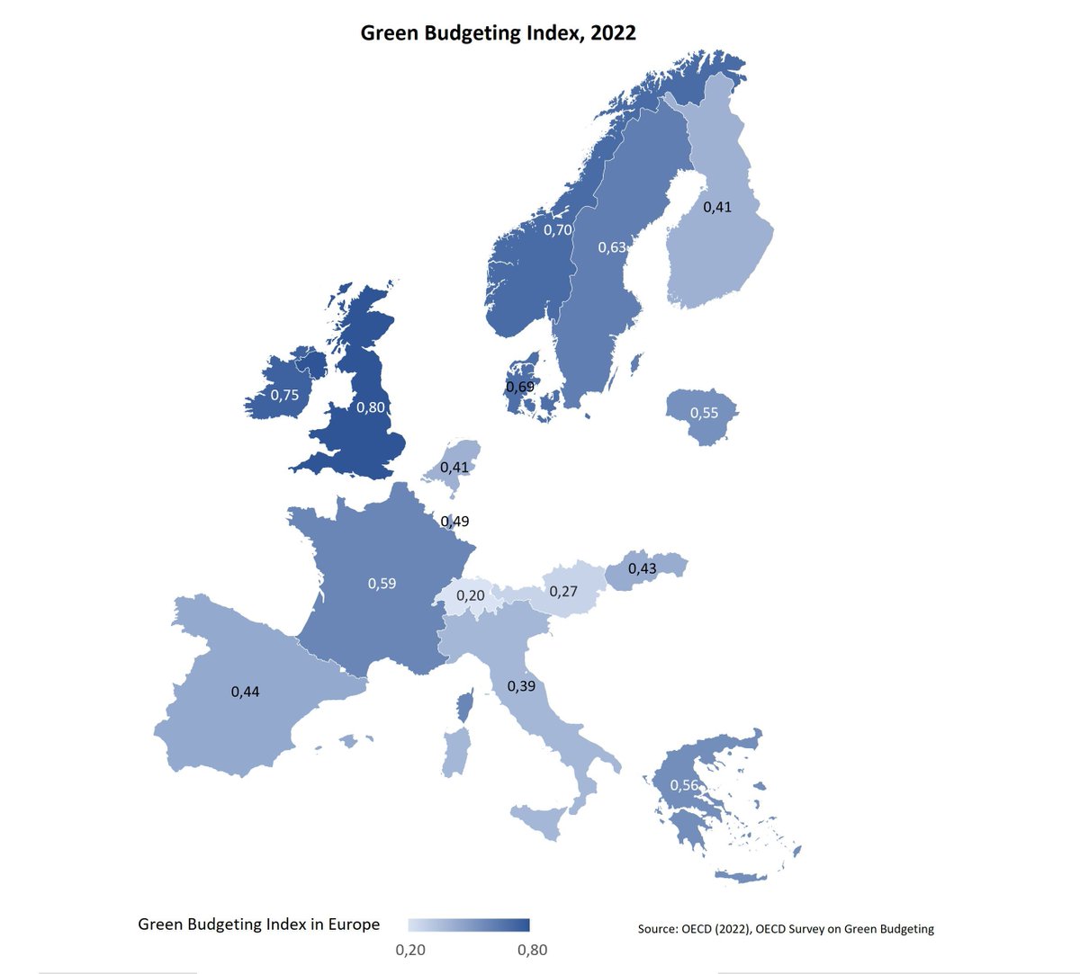 Green Budgeting in Europe

The average of the <a href="/OECD/">OECD ➡️ Better Policies for Better Lives</a> Green Budgeting Index is 0,5.

🚀 United Kingdom🇬🇧 (0,8), Ireland 🇮🇪 (0,75), Norway 🇳🇴(0,70) and Denmark 🇩🇰(0,63) show the highest Index of implementing green budgeting.

👉👉 buff.ly/3rvRmAg