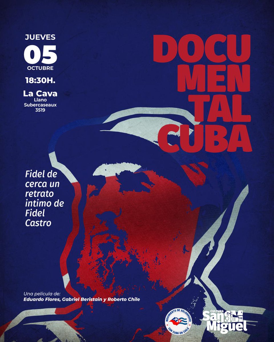 Invitados todos a la Exhibición del Documental 'Fidel de Cerca'. Hoy 18:30 hrs en El Llano Subercaseaux 3519, San Miguel Un punto de encuentro con Fidel 🇨🇺 #FidelPorSiempre Chile Siempre con Cuba