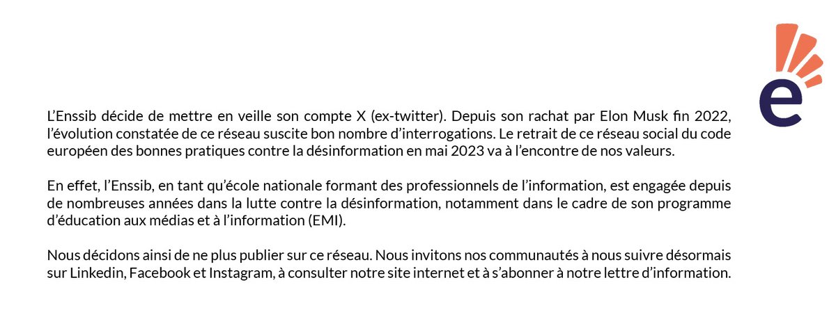 L'Enssib décide de mettre en veille son compte X (ex Twitter). Nous vous invitons à lire le message ci-dessous ⬇
enssib.fr/actualites/len…