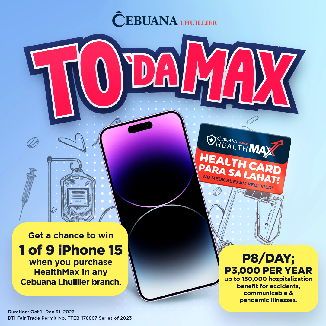 Max Masaya kapag may Healthmax! 🎉 with the HEALTHMAX To ‘Da Max Raffle Promo! Maaring ikaw na ang 1 sa 9 mananalo ng iPhone15 nationwide!​ 📱 Bumili sa pinakamalapit na Cebuana Lhuillier ng Healthmax at may (1) raffle entry ka na agad from October 1-December 31, 2023. ​ ​ 1…