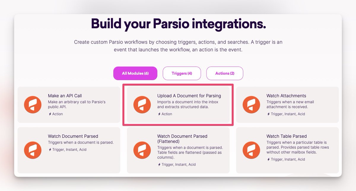 We've updated our <a href="/make_hq/">Make</a> integration, which now includes an 'Upload a Document for Parsing' action. This makes it easy to import your documents from files, texts, and URLs!

Parsio <> Make integration: make.com/en/integration…