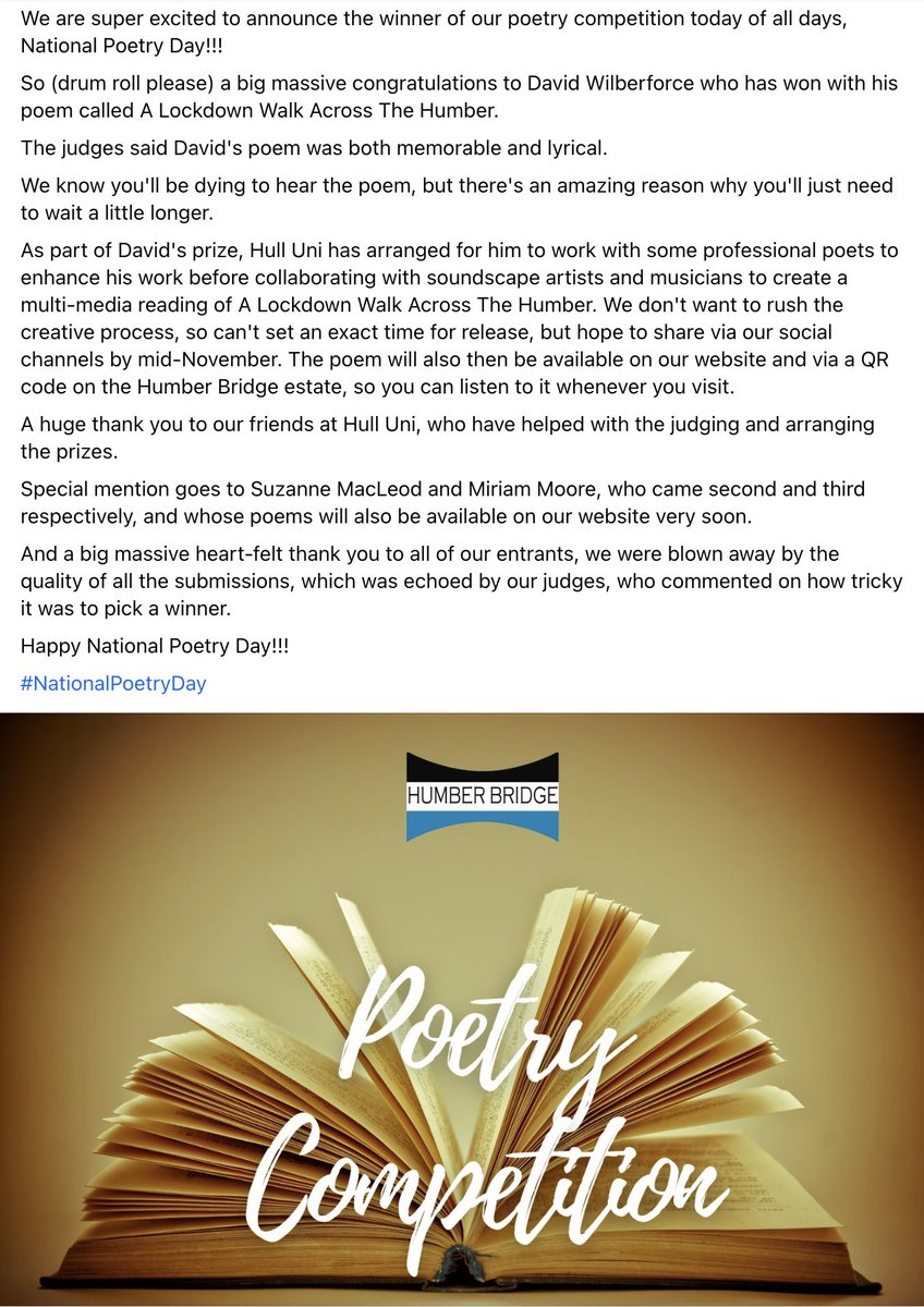 HumBridgeNews's tweet photo. We are super excited to announce the winner of our poetry competition today of all days, National Poetry Day!!! #NationalPoetryDay https://t.co/f6YbebJ6BR