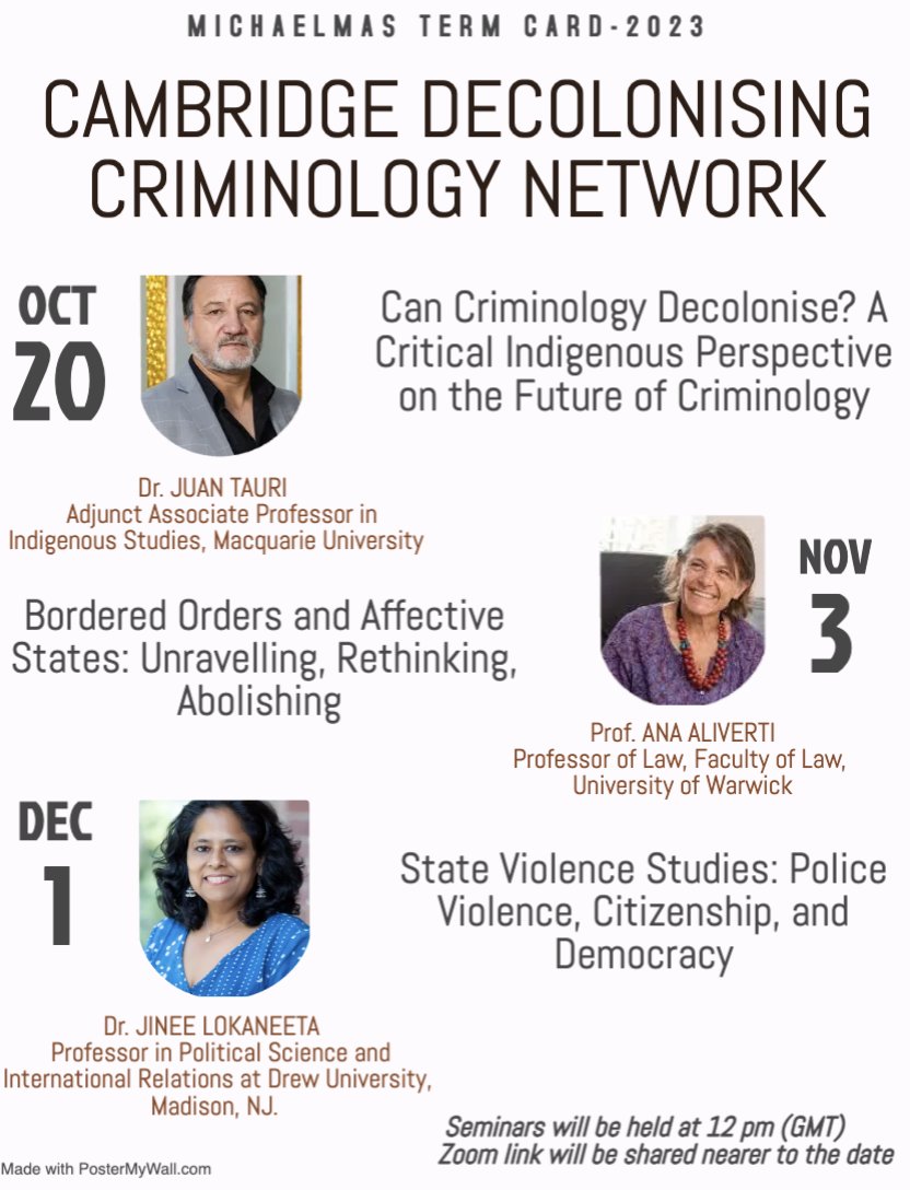 Cambridge Decolonising Criminology Network (@cambridgedcn) on Twitter photo Save the dates! Our term schedule is now available. Continuing with our Friday traditions, seminars will take place virtually at 12 pm (British Time). Our inaugural seminar, hosted by <a href="/jtaur1/">Juan Tauri</a> will be held on October 20, 12 pm. Don't forget to register:
zoom.us/meeting/regist… Save the dates! Our term schedule is now available. Continuing with our Friday traditions, seminars will take place virtually at 12 pm (British Time). Our inaugural seminar, hosted by <a href="/jtaur1/">Juan Tauri</a> will be held on October 20, 12 pm. Don't forget to register:
zoom.us/meeting/regist…