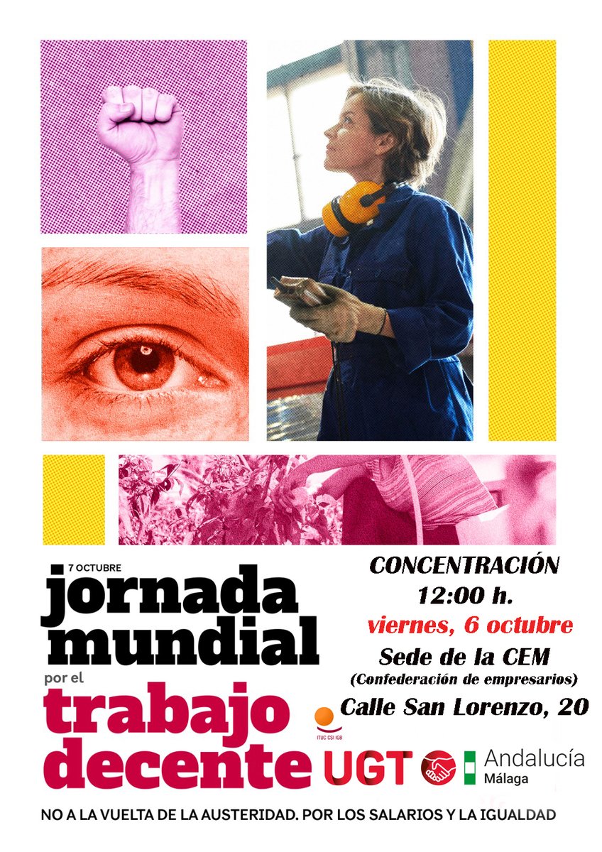 📢
<a href="/ugtmalaga/">UGT MÁLAGA</a> y <a href="/ccoomalaga/">CCOO MÁLAGA</a> nos concentramos  en #Málaga 
📆Viernes, 6 de octubre   
1⃣2⃣:0⃣0⃣h. 
📍 C/ San Lorenzo,  20 <a href="/cemmalaga/">CEM</a> 
#PorLosSalarios #PorLaIgualdad
<a href="/UGT_Andalucia/">UGT Andalucia</a>
<a href="/UGTSPmalaga/">UGT Servicios Públicos Málaga</a>
<a href="/ugtficamalaga/">UGT FICA Málaga</a>
<a href="/UGTfesmcmalaga/">UGT FeSMC Málaga</a>
<a href="/SoledadRuizSeg/">Soledad Ruiz Seguín</a>