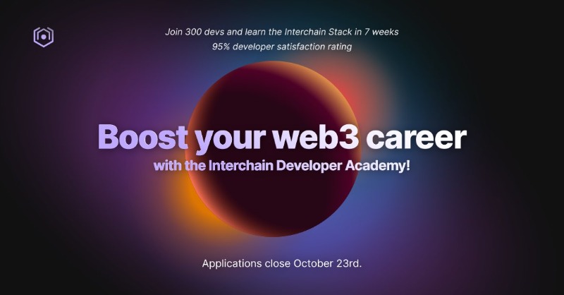 interchain_io's tweet photo. Unlock your #blockchain career with expert-led #developer training. 

Build application-specific blockchains and get industry-certified for free.

Go from web2 to #web3 with the Interchain Developer Academy!

Apply here https://t.co/g8debNd0Uw 

Applications close Oct 23rd.