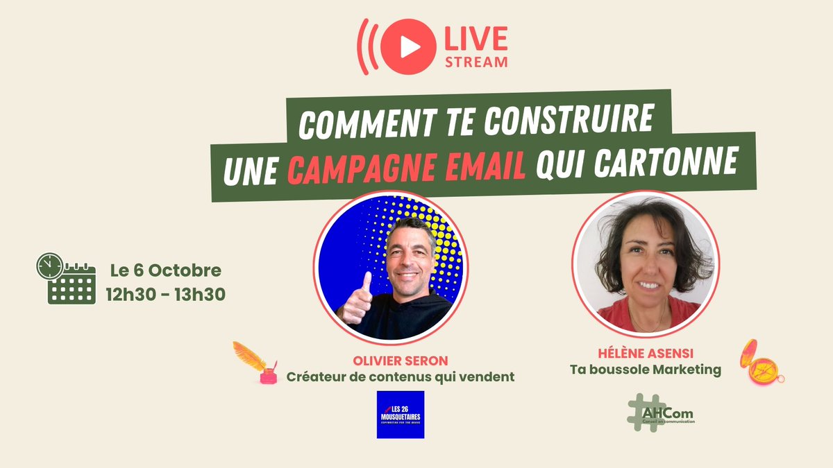 Marre des #emails de #prospection claqués au sol ? 

RDV demain à 12 h 30 (Linkedin live ou sur Youtube) avec Olivier Seron, le créateur de contenus qui vendent, pour tout connaître des bonnes pratiques.

Si tu rates, t'auras plus d'excuse...

rebrand.ly/Live-6octobre
