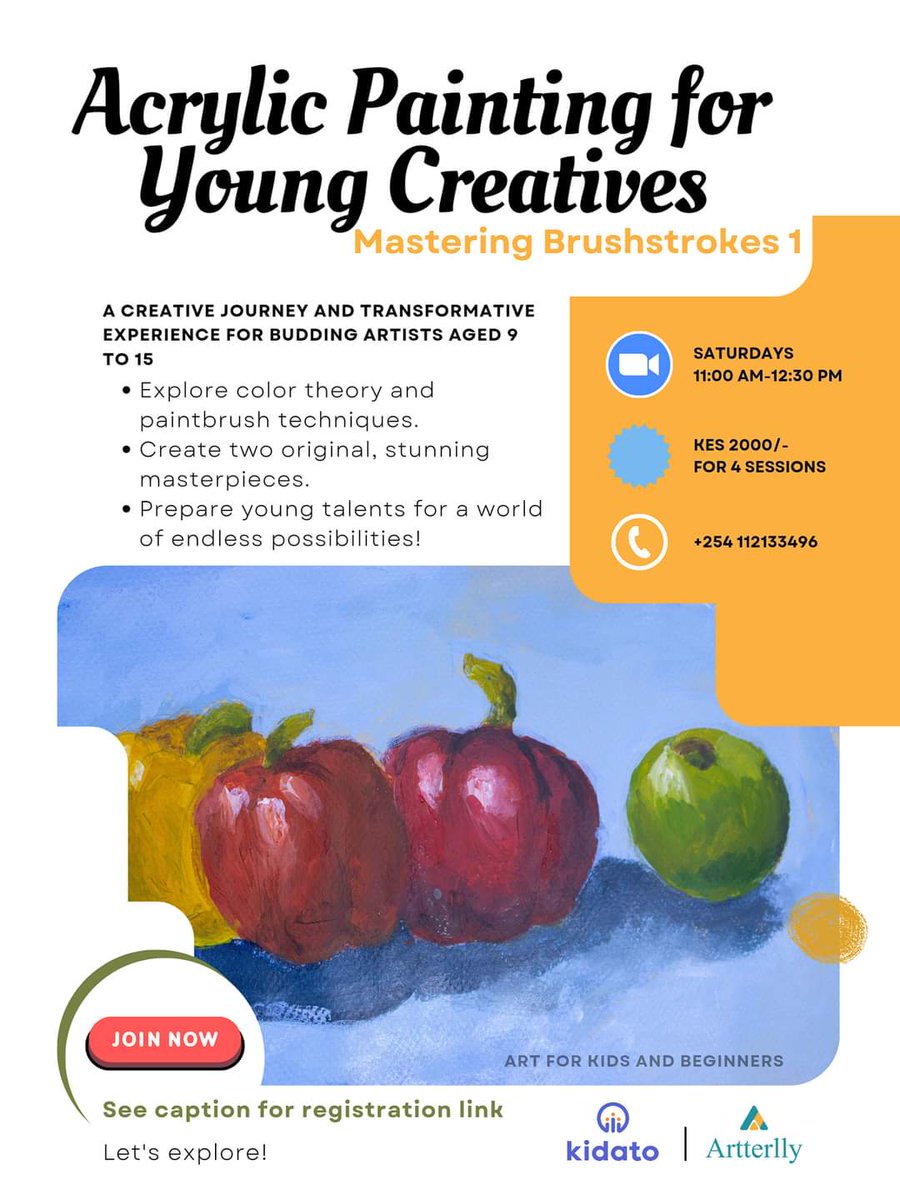 MainaDuncan_'s tweet photo. Artterlly &amp; @KidatoSchool have teamed up for a fantastic art online course session! 🖌️👧👦 Ages 9-15 are welcome to unleash their creativity and explore the world of art.
Enroll Below : https://t.co/POVNkRMhRx https://t.co/9SvKQfbKCF