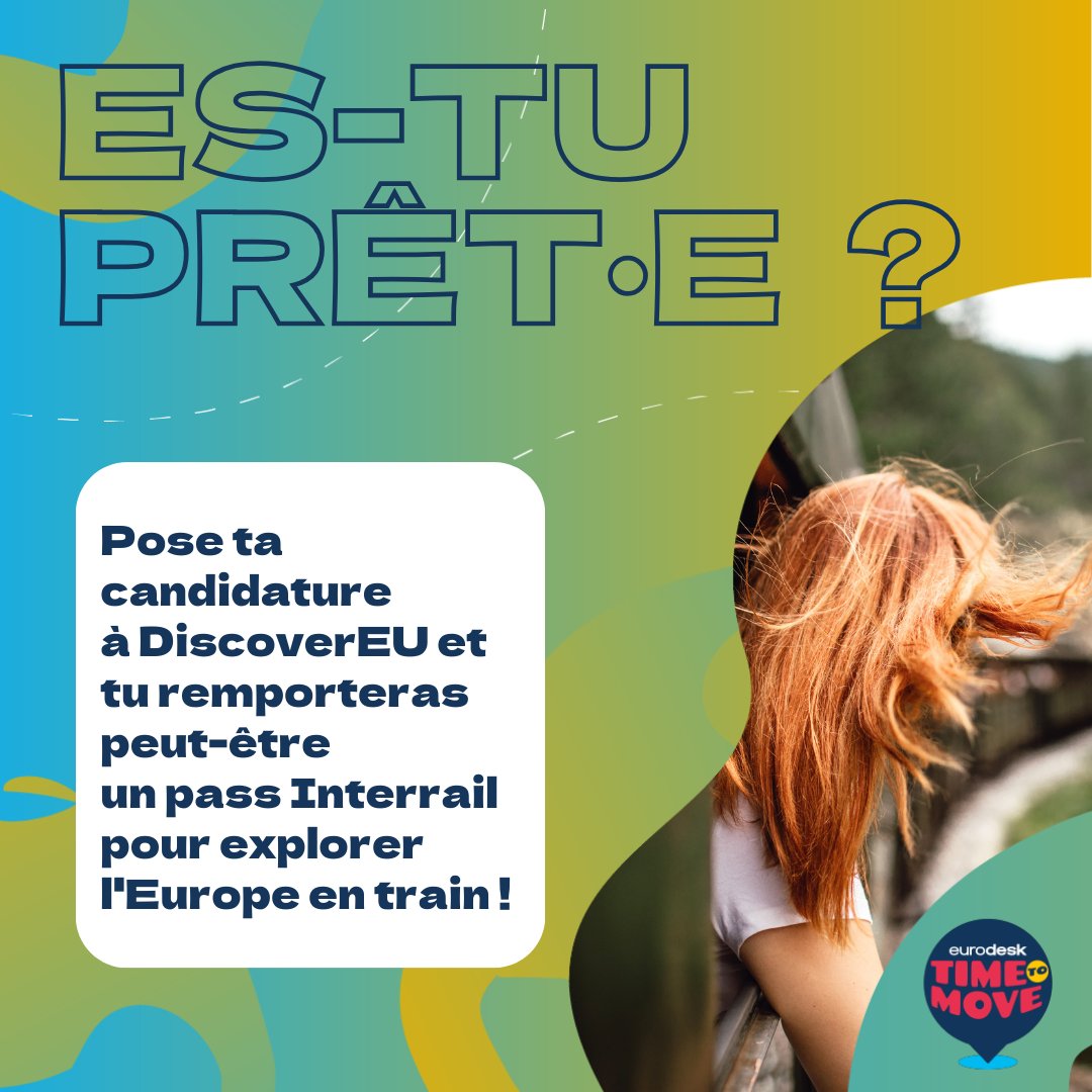Eurodesk France (@eurodeskfr) on Twitter photo Tu as 18 ans et es prêt·e à sortir de ta zone de confort ? 👣 Les candidatures pour #DiscoverEU sont ouvertes 🚀
📲 Saisis cette opportunité de voyager en Europe en postulant dès maintenant sur <a href="/EuropeanYouthEU/">European Youth ❤️🇪🇺</a>
🔗 youth.europa.eu/discovereu_fr
#eurodeskfr #ErasmusPlus #Timetomove2023 Tu as 18 ans et es prêt·e à sortir de ta zone de confort ? 👣 Les candidatures pour #DiscoverEU sont ouvertes 🚀
📲 Saisis cette opportunité de voyager en Europe en postulant dès maintenant sur <a href="/EuropeanYouthEU/">European Youth ❤️🇪🇺</a>
🔗 youth.europa.eu/discovereu_fr
#eurodeskfr #ErasmusPlus #Timetomove2023
