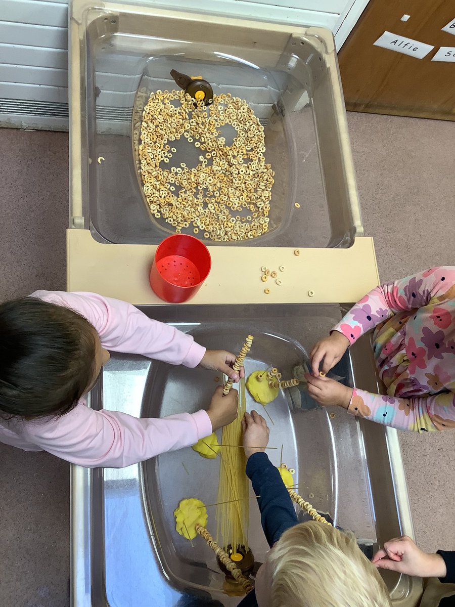 We are working hard developing our fine motor skills! Threading Cheerios onto dry spaghetti can be very tricky but we did it! @EAS_EarlyYears @EllHobday #nursery #finemotorskills
