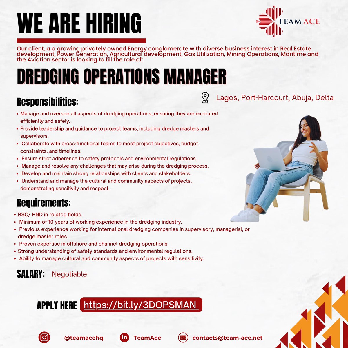 Job Opening!!!
See flyer for details 

Interested?Apply Here👇
bit.ly/3DOPSMAN

#jobopening #vacancy #hiringnow #manager #jobsinabuja #lagosjobs #recruiting #recruitment #teamace  #AbujaTwitterCommunity