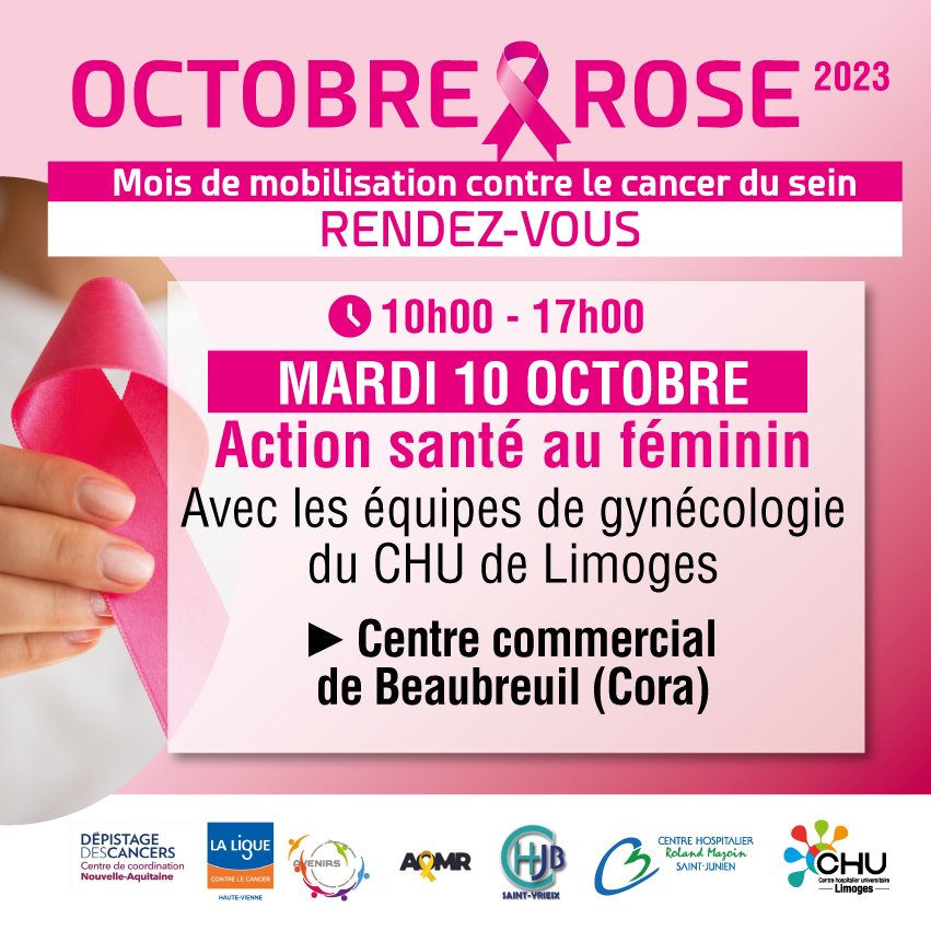 [#octobrerose2023 ] Rendez-vous aujourd'hui au centre commercial de Beaubreuil (Cora) avec les équipes de gynécologie du CHU de Limoges. #prévention #CancerDuSein