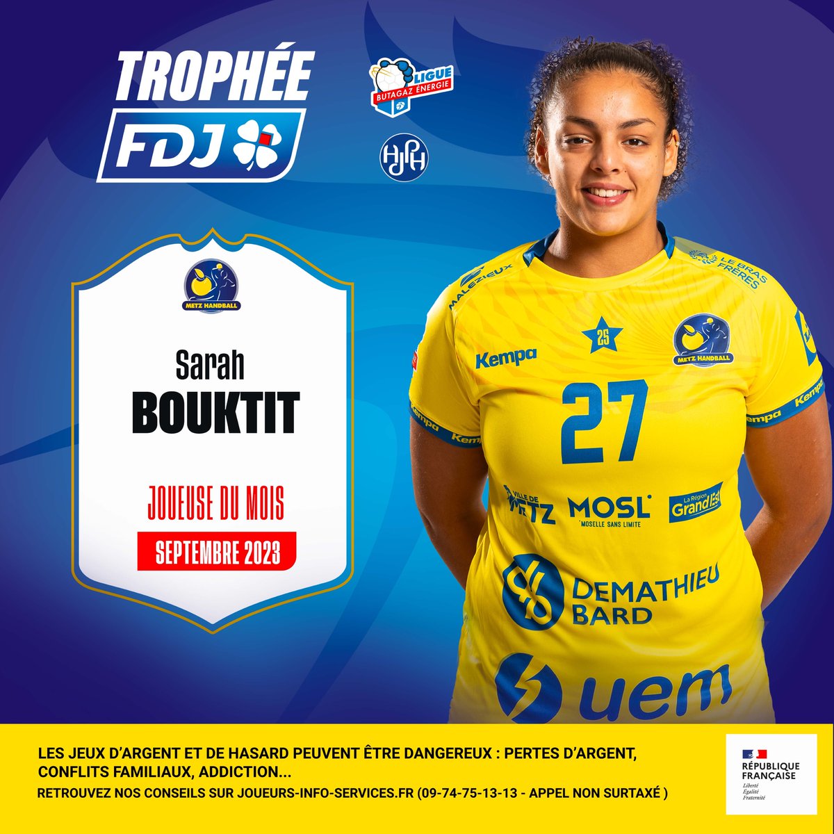 LFH_Officiel's tweet photo. 🌟 Un grand BRAVO à Sarah Bouktit (@MetzHandball) qui remporte le Trophée @FDJsport de meilleure joueuse du mois de septembre en #liguebutagazenergie 🙌
🙏 @AJPHandball
🔗 Sa réaction : https://t.co/verhic7gkY
#inspirante
#TropheeFDJ https://t.co/GvtD4nkDdJ