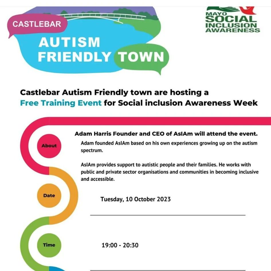 Castlebar Autism Friendly town are hosting a Free Training Event for Social inclusion Awareness 

Date
Tuesday, 10 October 2023

Time
19:00-20:30

Mayo Movie World Cinema

Moneen Road F23 VW89 Castlebar

Please register on Eventbrite

#castlebarautismfriendly