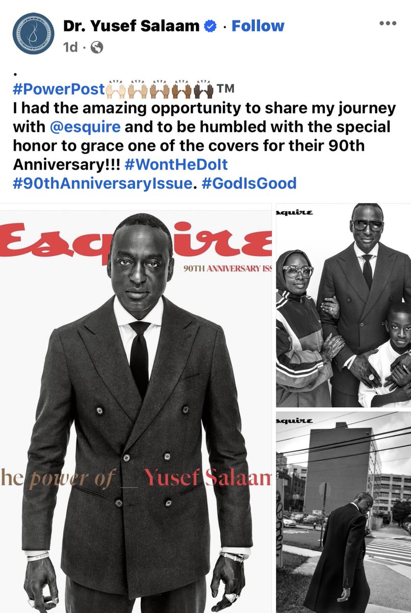 I am so very proud of my cousin <a href="/dr_yusefsalaam/">Yusef Abdus Salaam</a>, he’s going to be on one of Esquire Magazine’s 90th anniversary covers. Congratulations Yusef #CentralPark5 #ExoneratedFive  🙌🏻🙌🏼🙌🏽🙌🏾🙌🏿