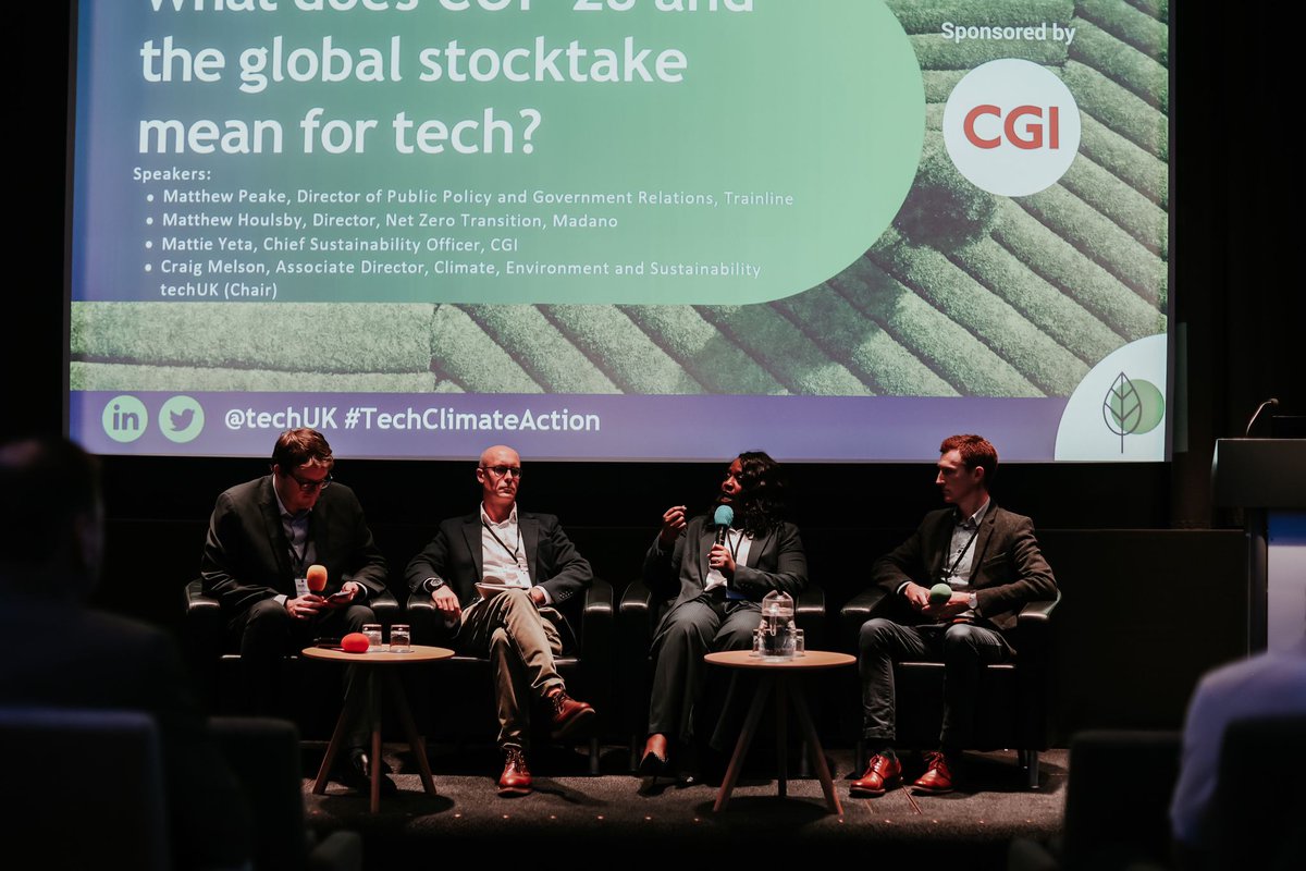 techUK's tweet photo. @MattieYeta @CGI_Global Super interesting insights from this panel on #Cop28 with @thetrainline @CGI_Global @MattieYeta @CGI_UKNEWS @madano. Our team will be at COP28. Reach out if you'd like to find out more how to get involved! #TechClimateAction https://t.co/jUzeDpgzcX