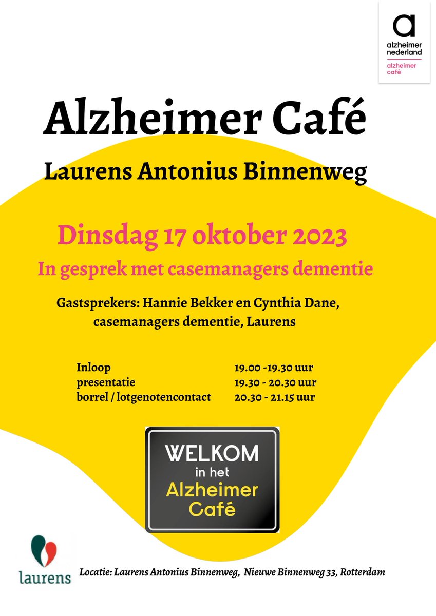 #savethedate📅 Op dinsdag 17 oktober vindt er weer een Alzheimer Café plaats in Laurens Antonius Binnenweg. Casemanagers dementie Hannie Bekker en Cynthia Dane gaan op interactieve wijze in gesprek over onderwerpen die leven bij personen met dementie en hun naasten. 👇