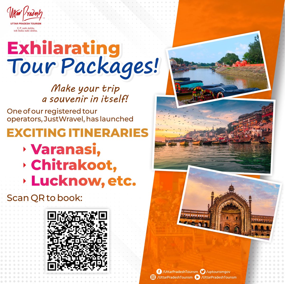 uptourismgov's tweet photo. It's time to set out for a holistic trip!
Book exciting tour packages from one of our tour operators, @JustWravel and make the most of your #journey and #trip!
For bookings, visit: https://t.co/dYbMfiNeMA
#UPTourism #UttarPradesh #TourPackages #ScanYourQR
@MukeshMeshram https://t.co/msVAYMGmJY
