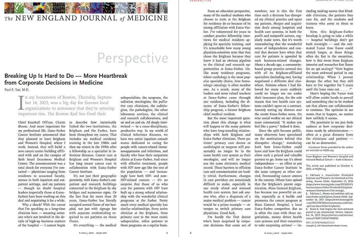 The @BrighamWomens and @DanaFarber have had a wonderful, collaborative working relationship for 3 decades. Here's how most of us who work here felt when we heard it was ending. Really, really sad -- for both us and (especially) for our patients. nejm.org/doi/full/10.10…