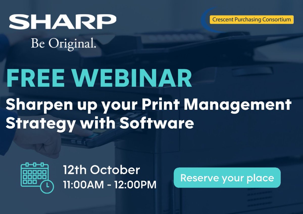Dukefield Print Solutions Helpdesk (@dps_helpdesk) on Twitter photo Join us and Sharp 12th October on our 'Sharpen up your Print Management Strategy with Software' webinar for help with how to make your organisations operations more efficient!
Click here to register for the webinar: lnkd.in/eDMGdzFP
<a href="/CPCuk/">Crescent Purchasing Consortium</a>
<a href="/SHARP_JP/">SHARP シャープ株式会社</a>
#webinar Join us and Sharp 12th October on our 'Sharpen up your Print Management Strategy with Software' webinar for help with how to make your organisations operations more efficient!
Click here to register for the webinar: lnkd.in/eDMGdzFP
<a href="/CPCuk/">Crescent Purchasing Consortium</a>
<a href="/SHARP_JP/">SHARP シャープ株式会社</a>
#webinar