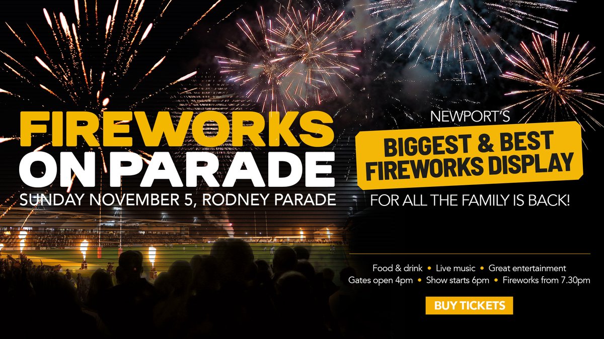🎆𝙁𝙄𝙍𝙀𝙒𝙊𝙍𝙆𝙎 𝙊𝙉 𝙋𝘼𝙍𝘼𝘿𝙀 | It's 🔙 this Bonfire Night! 🎇

Newport’s biggest &amp; best fireworks display for all the family returns – and tickets are on sale NOW! ⤵️

𝙏𝙄𝘾𝙆𝙀𝙏𝙎 ▶️ eticketing.co.uk/dragons/
𝘿𝙀𝙏𝘼𝙄𝙇𝙎 ▶️ shorturl.at/dBGIY

#WeAreGwentRugby