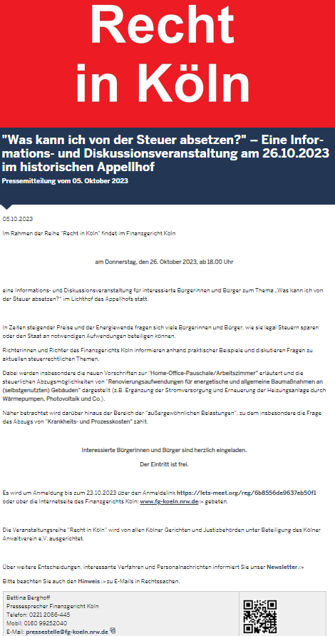 FGKoeln's tweet photo. „Was kann ich von der #Steuer absetzen?" – #Informationsveranstaltung für #Bürgerinnen u #Bürger am 26.10.2023

- #Pressemitteilung des #Finanzgericht|s #Köln vom 05.10.2023

https://t.co/bk3iA8spwL

Weitere Informationen und #Anmeldung https://t.co/VSFqaXYo8Z

#RechtInKöln https://t.co/fAKs2OCyOr