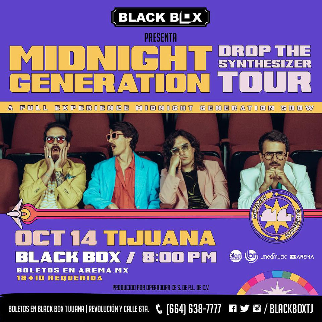 Balestrino Lied (@balestrinolied) on Twitter photo En octubre, Midnight Generation (<a href="/themgboys/">Midnight Generation</a>) se presentará en Baja California con #DropTheSynthesizerTour. Jueves 12 en el #CineCurto, viernes 13 en #ZanzibarBarraLocal, y sábado 14 en #BlackBoxTJ. 🎶🎶🎶🎶🎶 En octubre, Midnight Generation (<a href="/themgboys/">Midnight Generation</a>) se presentará en Baja California con #DropTheSynthesizerTour. Jueves 12 en el #CineCurto, viernes 13 en #ZanzibarBarraLocal, y sábado 14 en #BlackBoxTJ. 🎶🎶🎶🎶🎶