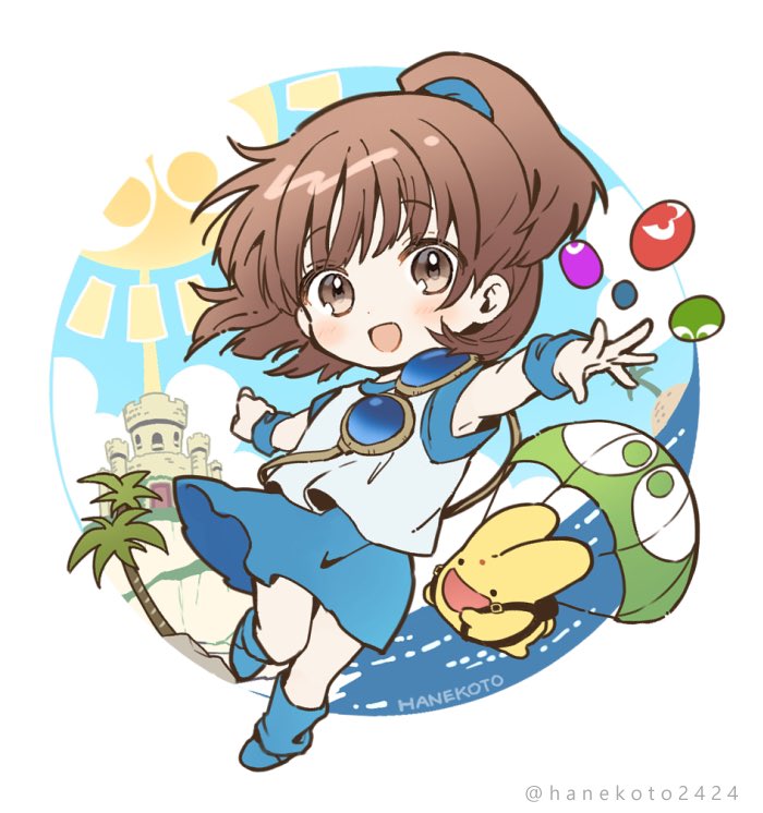 arle nadja 1girl brown hair brown eyes skirt blue skirt smile sun  illustration images