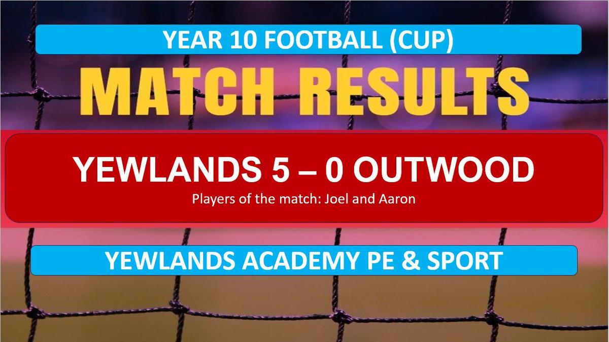 Big round of applause for the Y10 football team last night who beat Outwood Academy 5-0 in the first round of the cup.

Players of the match: Joel and Aaron
Leighton
Aaron
Oliver
Ben
Will
Rory
Perry
Preston
Jack
Lucas
Evan
Zack
Joel
Alfie
Billy