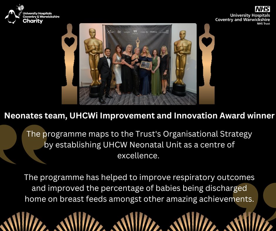 Our Neonates team have been crowned winners of the UHCWi Improvement and Innovation Award at our 2023 Outstanding Service and Care Awards (OSCAs) 💙

The team were nominated thanks to a three-year, quality improvement programme, stemming from the 'Neo-Train' initiative.