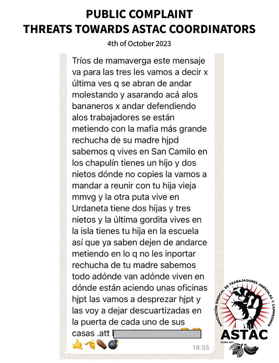 ⚠️Yesterday, three of our coordinators received threats via their WhatsApp for doing their job of supporting workers as defenders of their human rights. The words of the threat could not be clearer. We need action &amp; protection now ‼️ <a href="/FiscaliaEcuador/">Fiscalía Ecuador</a> <a href="/MinTrabajoEc/">Ministerio del Trabajo Ecuador 🇪🇨</a> <a href="/MinGobiernoEc/">Ministerio de Gobierno Ecuador</a>
