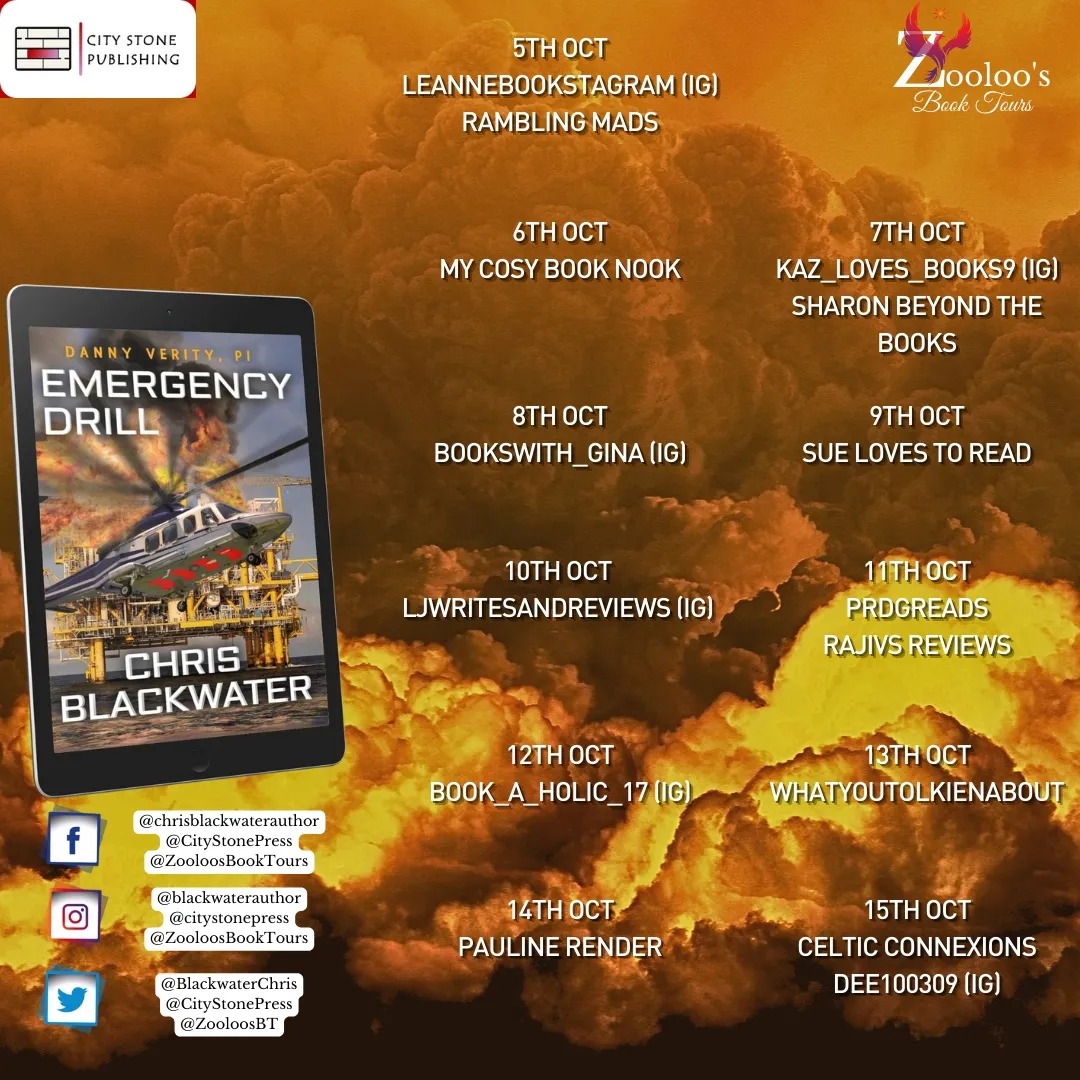 #BlogTour #Book #CelebrateTogether #Publication
Today starts the blog tour, organised by the fabulous <a href="/ZooloosBT/">ZooloosBookTours</a>, for book 1 in <a href="/BlackwaterChris/">Chris Blackwater</a>' Danny Verity, PI series: EMERGENCY DRILL.
'Highly impressed... Jaw dropping and action packed.'  
amzn.to/3timm7p