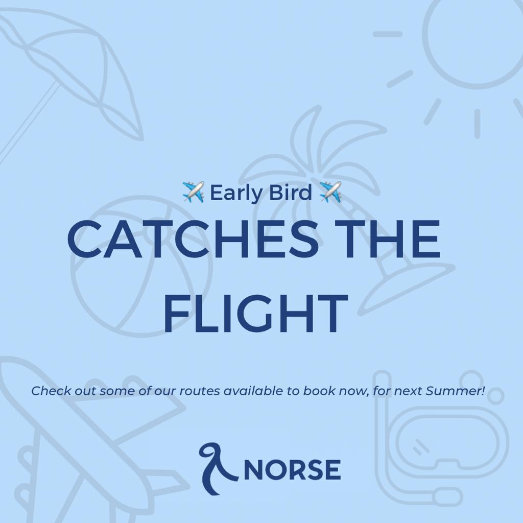 The early bird catches the flight ✈️  Summer 2024 flights are now available to book at flynorse.com. With flights from the US, London, Paris, Oslo, Berlin, and Rome…
#flynorse #SummerFlights