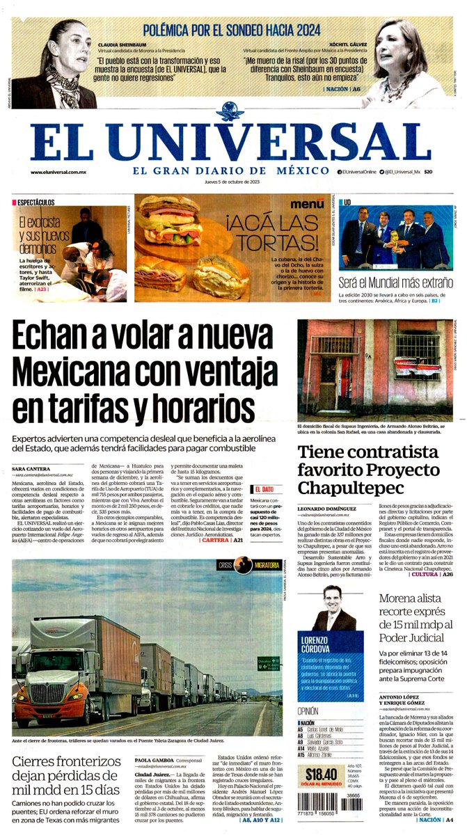 PrimerassPlanas's tweet photo. #PrimerasPlanas jueves 5 de octubre de 2023. 

🗞️  @El_Universal_Mx 
 
➡️ Echan a volar a nueva Mexicana con ventaja en tarifas y horarios

🔗https://t.co/jGaXtSsGHK https://t.co/CuAG5lPSWP
