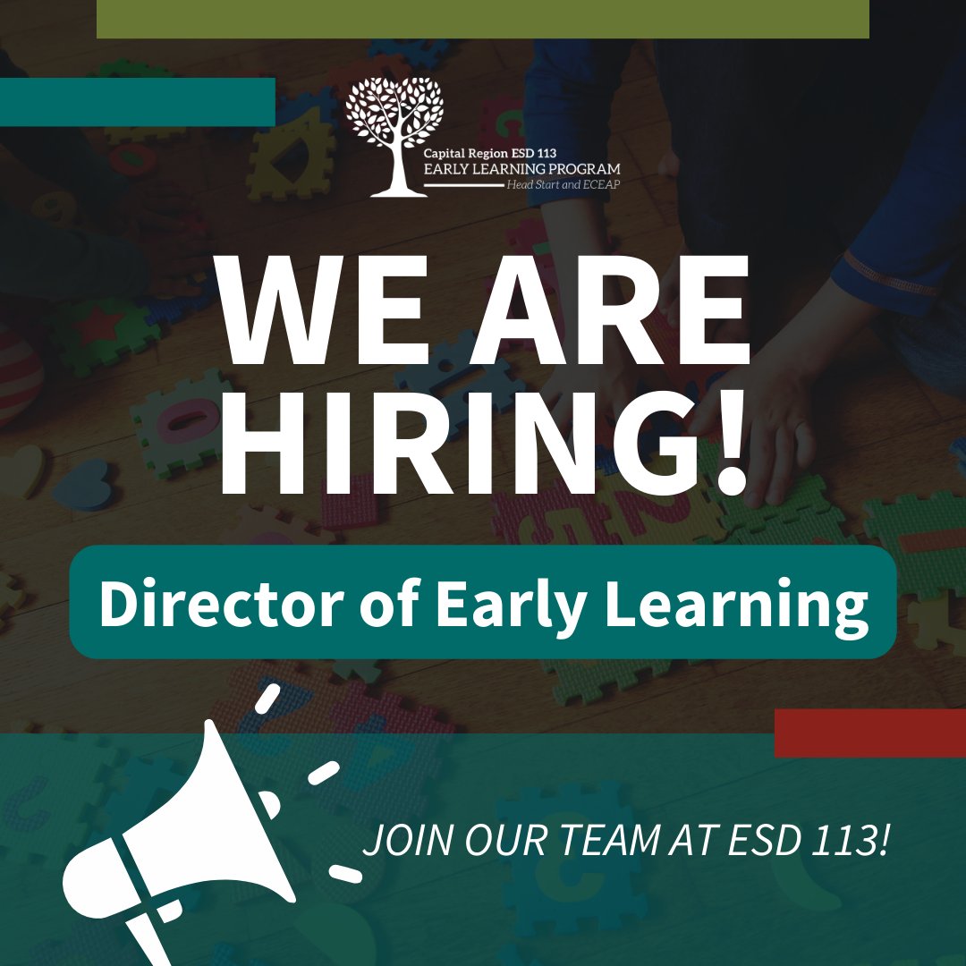 We’re hiring a new Director of Early Learning! Apply at bit.ly/46f5rkq. Salary range: $49.94–$55.27 hourly Benefits: Medical/Dental/Vision, Life/AD&D ins., FSA/DCAP, LTD ins., Retirement/DCP, EAP, Annual/Sick Leave, Personal Leave, & Holiday Pay #WeAreESD113 #Hiring