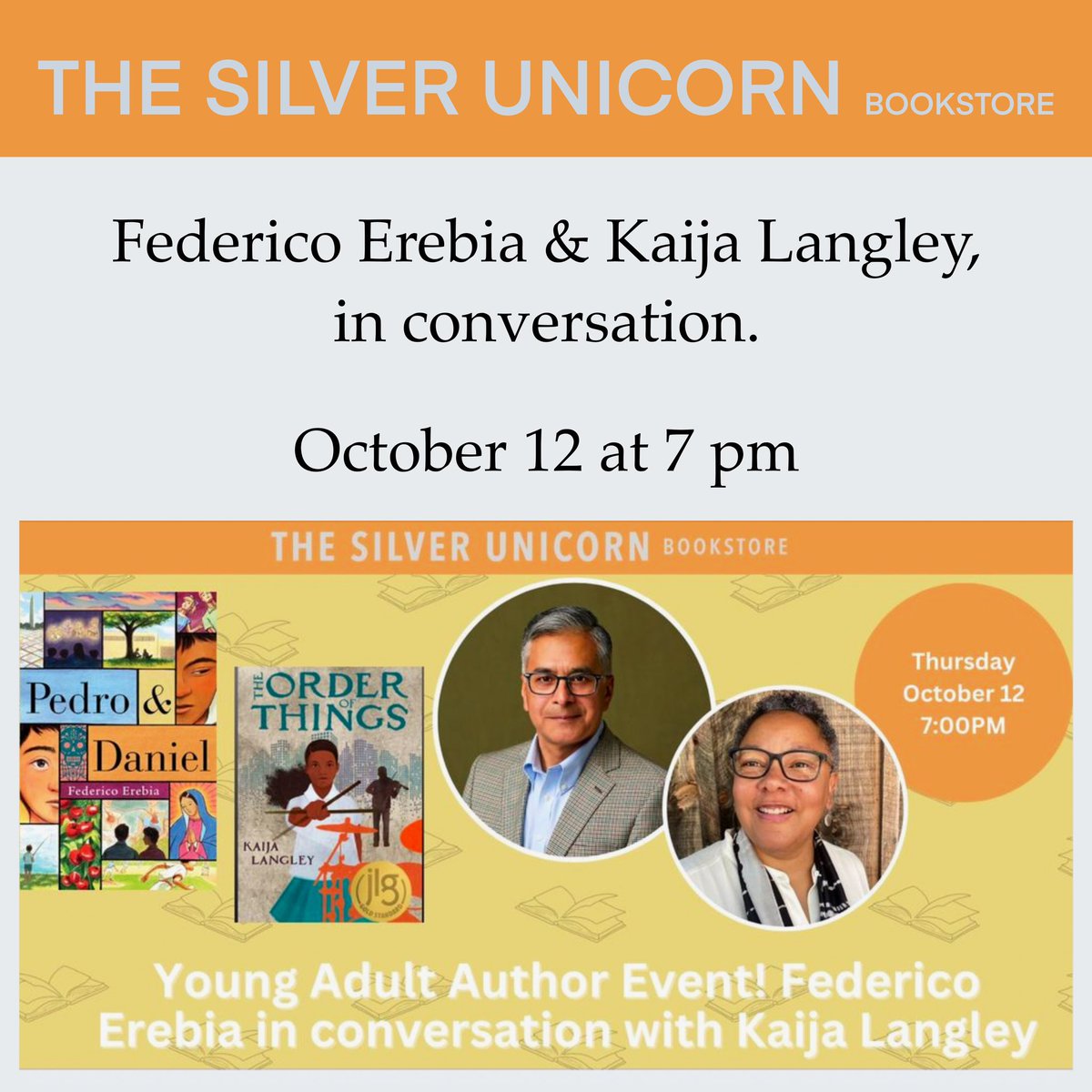 mizzkalwrites71's tweet photo. Boston area peeps, join me and my book birthday sibling @FedericoErebia in conversation next Thursday at @SilUnicornActon as we discuss our debut stories. #PedroAndDaniel #TheOrderOfThings
#ownvoices https://t.co/HX4PIghUPp