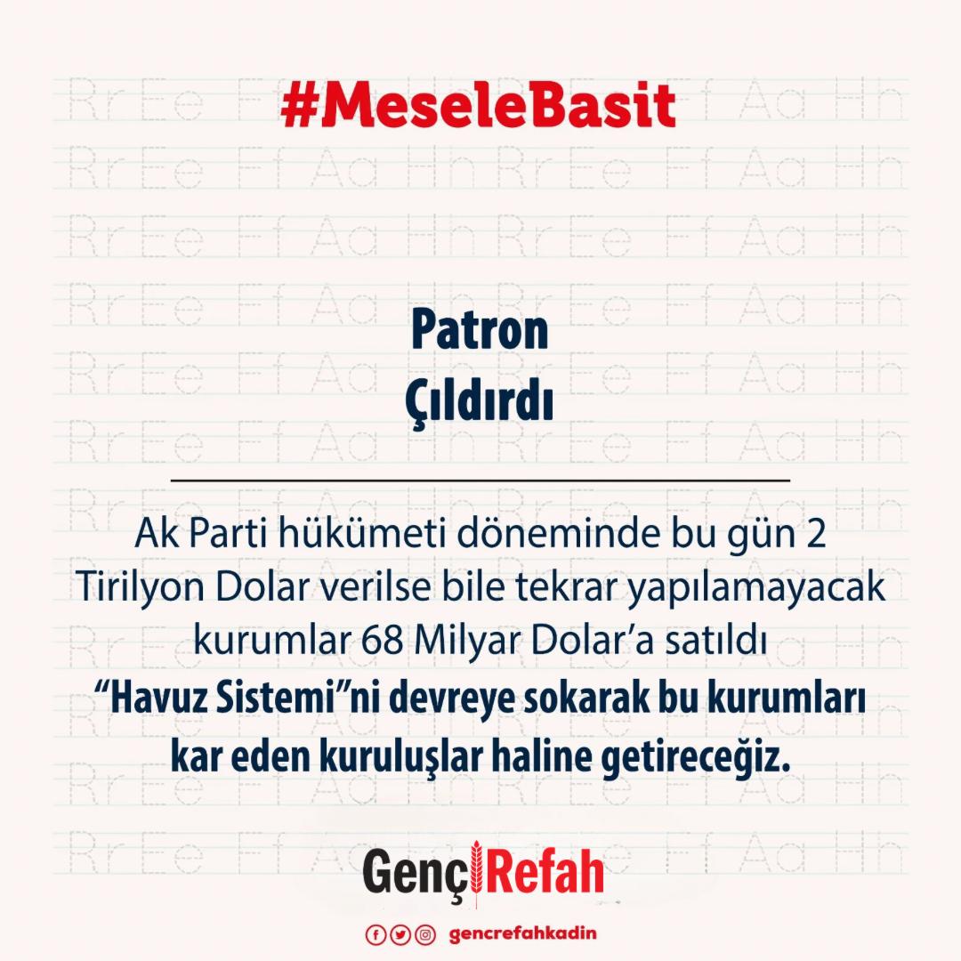 Ak Parti hükümeti döneminde devlete ait ya da ortak olduğu 171 kurum satıldı. Bugün 2 Trilyon Dolar verilse bile tekrar yapılamayacak kurumlar, 68 Milyar dolar karşılığında elden çıkarıldı. #MeseleBasit Havuz Sistemi’ni devreye sokarak bu kurumları kar eder hale getireceğiz.