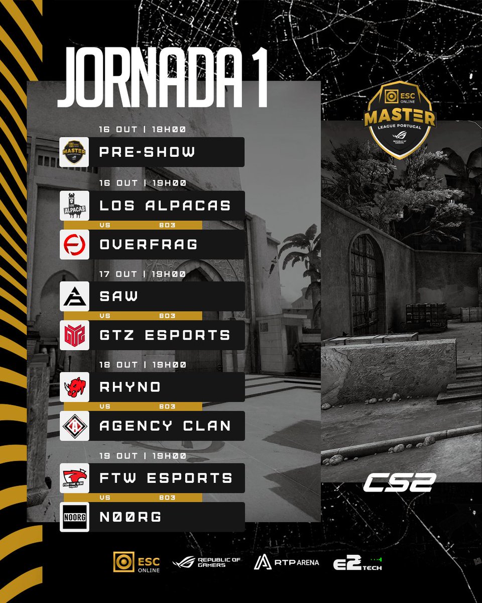 A jornada inaugural da <a href="/ESC_ESConline/">ESC Online</a> Master League Portugal by <a href="/asusrogpt/">asusrogpt</a> XII joga-se nos dias 16, 17, 18 e 19 de outubro! 📅

Sim, em Counter-Strike 2. 🔥

#MLPCSGO #ESCONLINEMLP