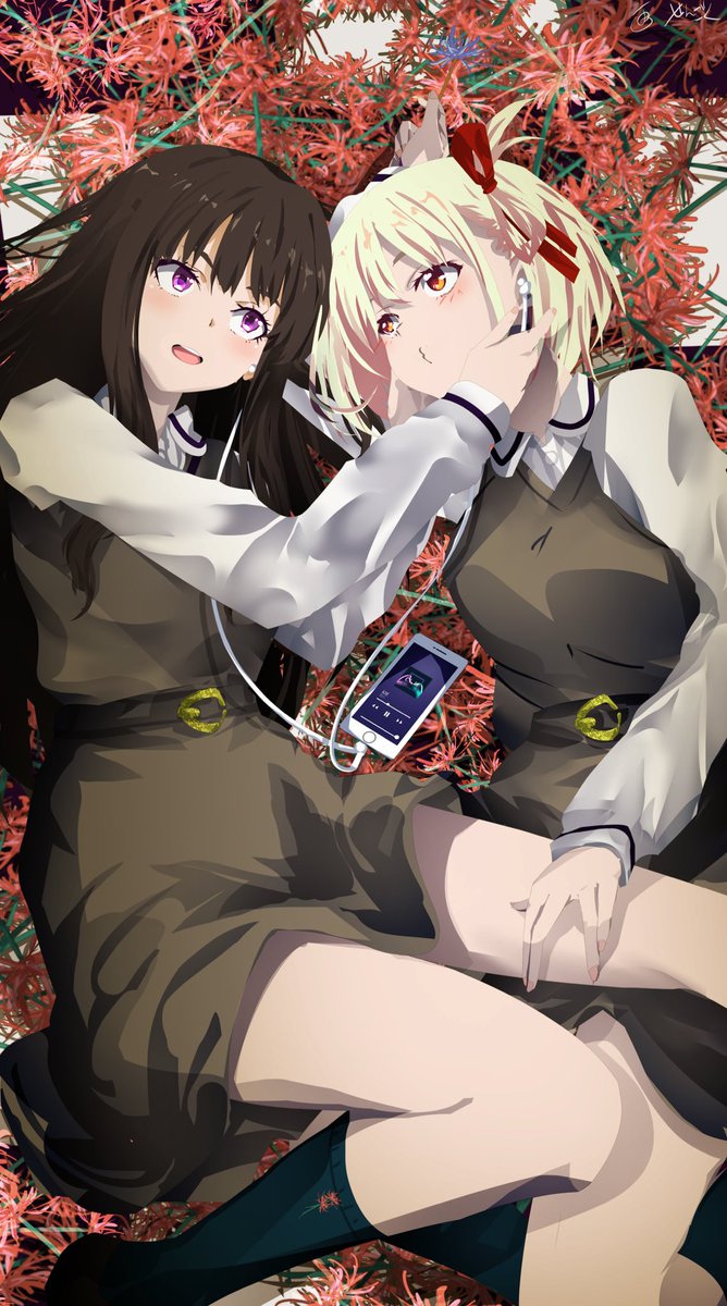 inoue takina ,nishikigi chisato multiple girls 2girls blonde hair long hair black hair yuri ribbon  illustration images