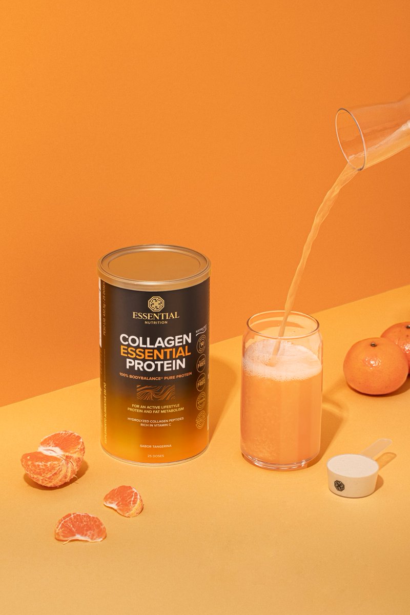 Collagen Essential Protein sabor tangerina é uma maneira refrescante de suplementar a proteína do colágeno. 🧡