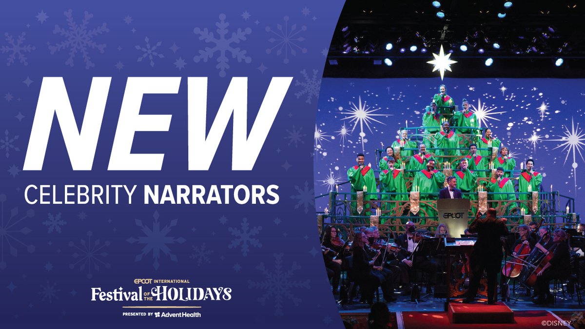 DisneyParks's tweet image. Just Announced! 🎄✨ New celebrity narrators are joining the Candlelight Processional during the 2023 EPCOT International Festival of the Holidays beginning Nov. 24! See the full lineup and get the festival details: di.sn/6016uMAMm