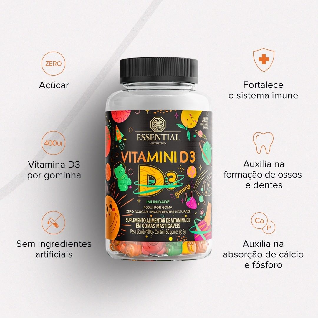 O Vitamini D3 é nosso produto queridinho, já que está presente em todas as etapas do desenvolvimento de uma criança. 

Sua fórmula contém 400 UI por gominha e cada pote de Vitamini possui 60 gominhas.