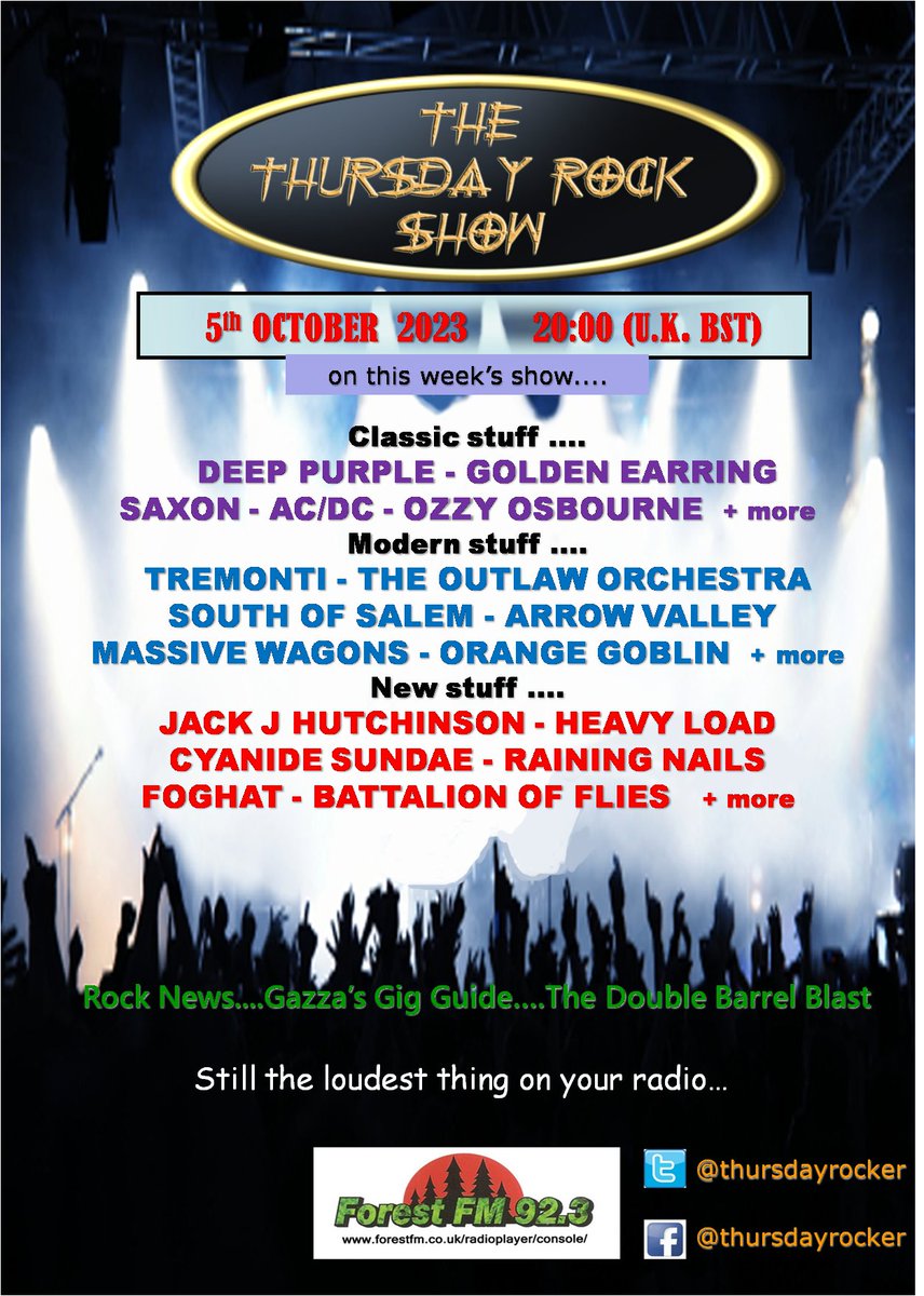 Just announced! <a href="/thursdayrocker/">Thursday Rockshow</a> today 8pm (UK) stream forestfm.co.uk/radioplayer/co… +<a href="/acdc/">AC/DC</a> <a href="/GoldenEarringNL/">Golden Earring</a> <a href="/OzzyOsbourne/">Ozzy Osbourne</a> <a href="/SaxonOfficial/">Saxon</a> <a href="/_DeepPurple/">Deep Purple</a> <a href="/OrangeGoblin1/">Orange Goblin</a> <a href="/MassiveWagons/">Massive Wagons</a> <a href="/outlaworchestra/">The Outlaw Orchestra</a> <a href="/TremontiProject/">TREMONTI</a> <a href="/ArrowValleyBand/">Arrow Valley</a> <a href="/SouthOfSalem1/">South Of Salem</a> <a href="/FOGHAT/">FOGHAT</a> <a href="/JackJHutchinson/">Jack J Hutchinson</a> <a href="/CyanideSundae/">Cyanide Sundae</a>+