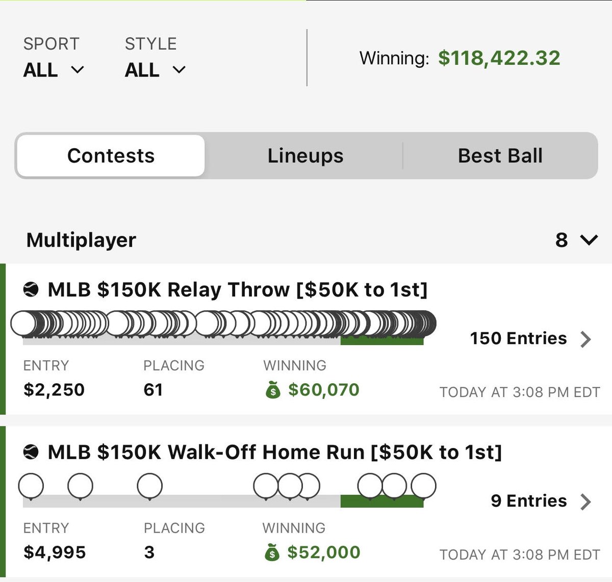 I love MLB 2023 - must be the pitch clock 🤑.  My exposure was posted all day on eatthesharks.com! 
Tune in at 2pm today to youtube.com/live/17YdffSOn… where we will be breaking down the NFL showdown slate with the <a href="/RunPureSports/">Run Pure Sports</a> 🐐s <a href="/BigT44DFS/">Tony Niehaus</a> and <a href="/JSurab/">John Surabian</a>
