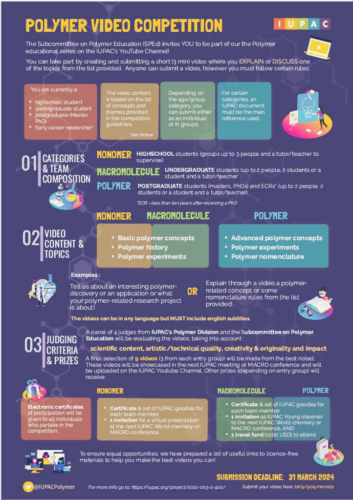 We have an exciting #video competition on #polymers coming up! Students, #PhD researchers and #ECRs can participate (see flyer below for info or contact @Dr_curieosity) and win exciting prizes including attendance of the next @IUPAC #conference. RTs appreciated!