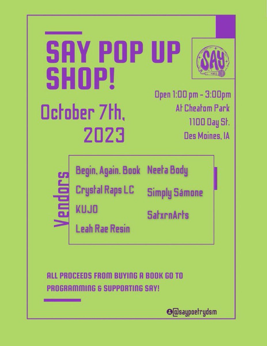 I’ll be selling some leftovers at the Say Pop Up. Info and other vendors on the flyer