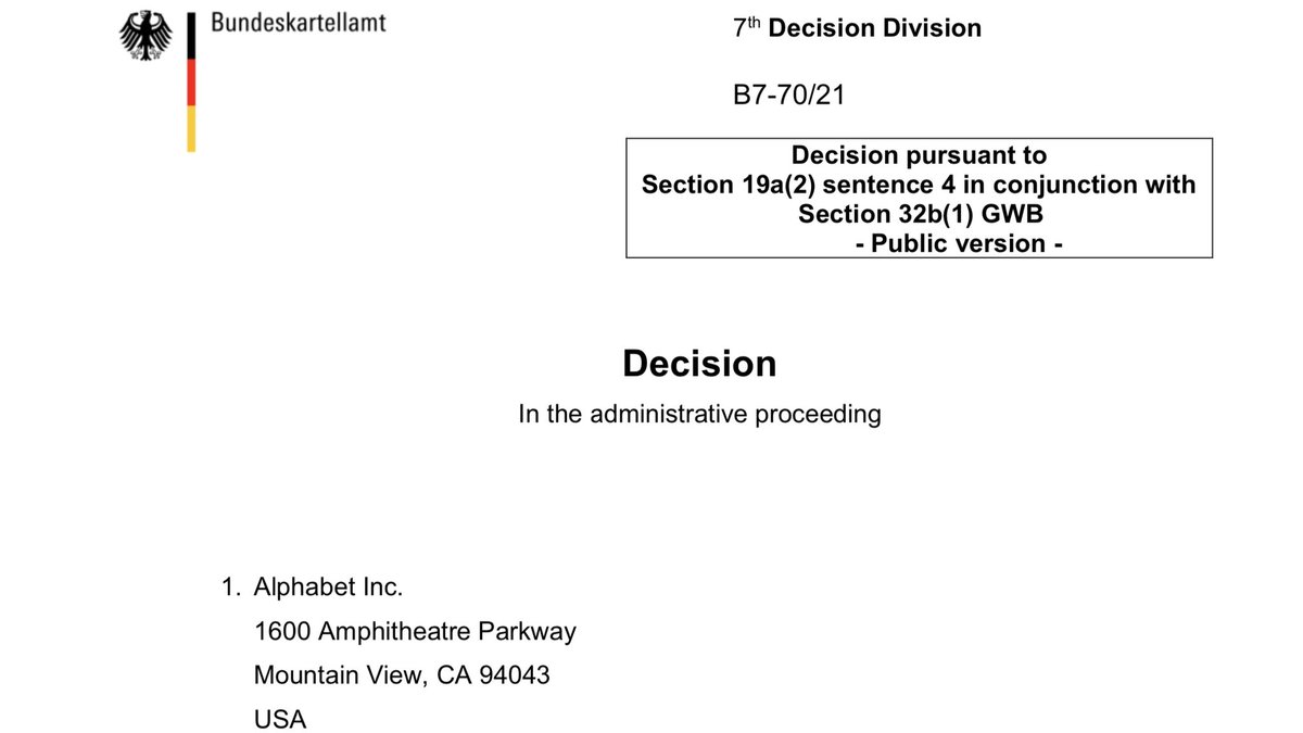 jason_kint's tweet photo. Whoa!!! German Cartel Office just published its Google decision. It’s HUGE as it’s modern antimonopoly enforcement limiting abuse of power over user’s data privacy rights. Like their 2019 Facebook decision dragged out under appeal. Unlike it because it has Google commitments. /1 https://t.co/kGsgJFu9oV