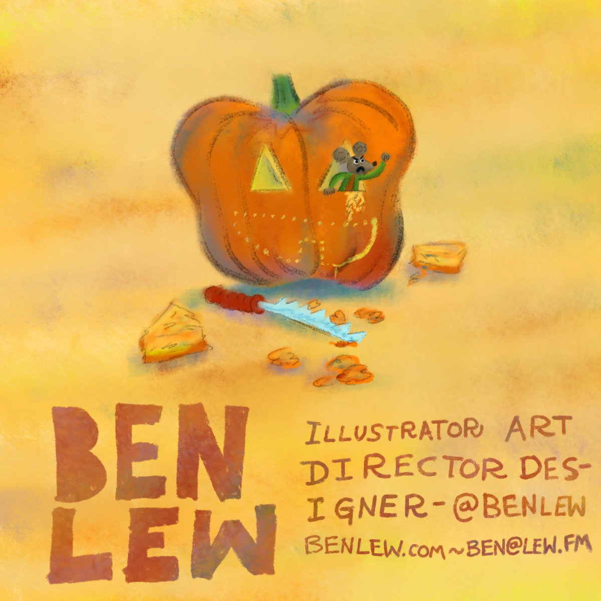 benlew's tweet photo. Happy October #KidLitArtPostcard! Make sure to check for inhabitants before carving those pumpkins! 🎃 Hi, I’m Ben, an illustrator, designer, and art director and I’m looking for picture books to work on. #kidlitart #jackolantern #pumpkin #halloween https://t.co/kKRCkacTvP