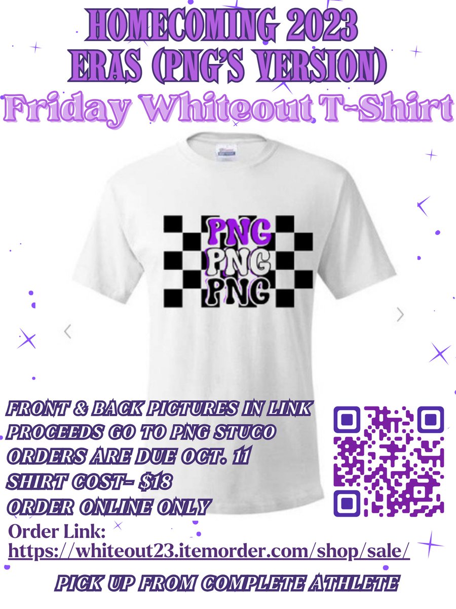 pnghsstuco's tweet image. PNG Student Council is selling WHITE OUT shirts to help fund our Homecoming event, Purple Palooza! The more funds we raise, the more we can do for all students at PNG.  

Click the link below or scan the QR code in the image to purchase.
whiteout23.itemorder.com/shop/sale/