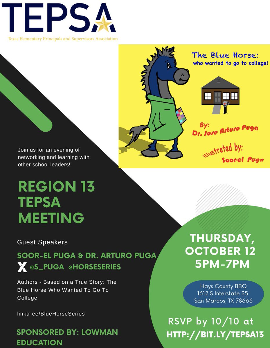 Join us Oct 12; 5:00 pm
TEPSA 13 Fall Regional Mtg
guests Soor-el Puga & 
Dr. Arturo Puga
 @s_puga @HorseSeries 

Hays County BBQ
1612 S I-35
San Marcos, TX

FREE Event 
RSVP: bit.ly/TEPSA13

#WeLeadTX #EmergentBilinguals #Newcomers

@TEPSAtalk @tepsamark @TechNinjaTodd