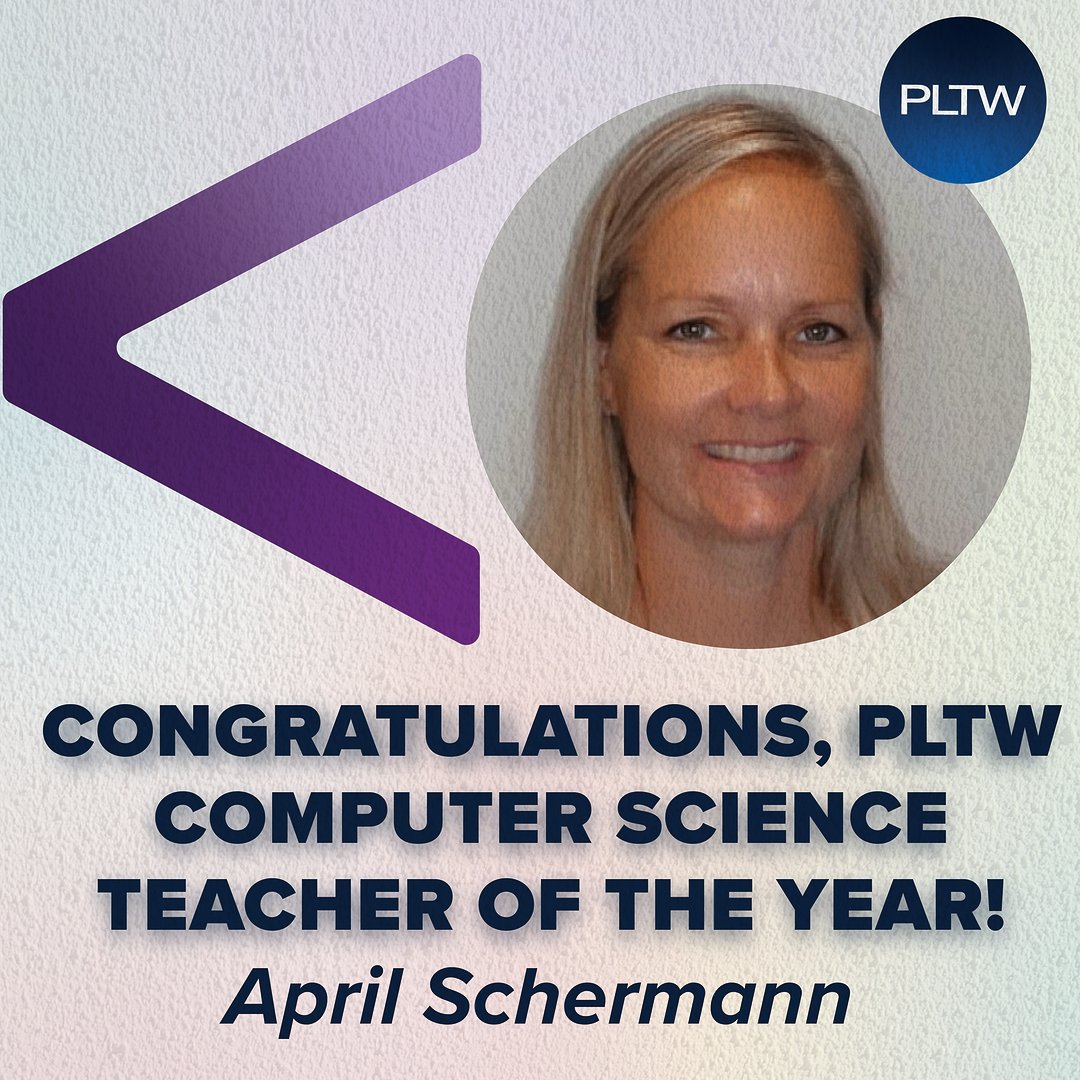 Congratulations to 2023-24 National PLTW Computer Science Teacher of the Year April Schermann, Normal West High School, Illinois. To read more about April, view the 2023-24 PLTW National Award Winner Yearbook. bit.ly/3rFYgCV